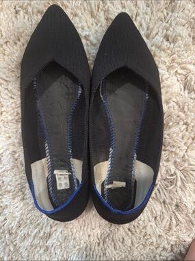 Rothy's Black Pointed Knit Ballet Flats with Blue Stitching